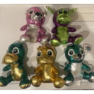 Lot of 5 World Plush Inc Shine Plush 8” Plushies Neon Purple Green Dog Dragon
